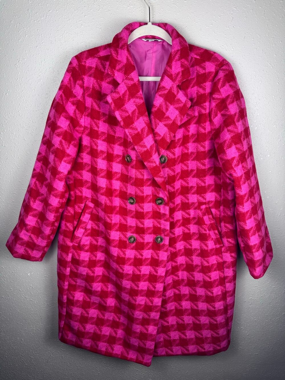 Davi & Dani Pink & Red Houndstooth Coat Womens size Large